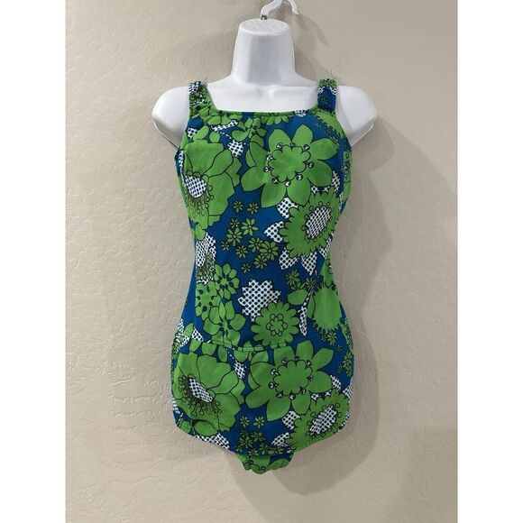 VTG 50s 60s GreenBlue Psychedelic Pinup Style Swimsuit Rockabilly Retro READ S/M - Picture 1 of 14
